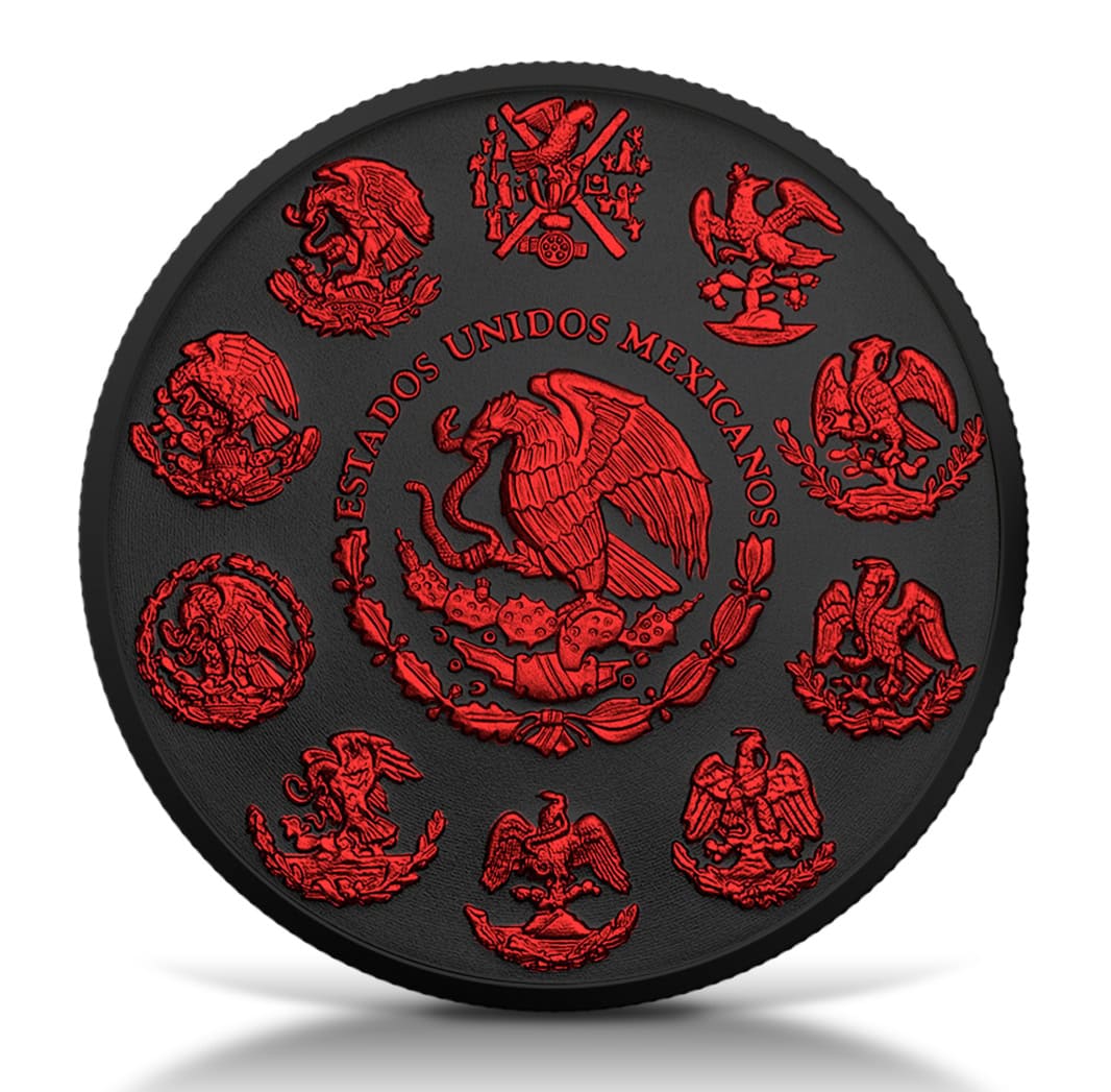 A colorful 2024 Mexico Libertad Black Platinum Fire 1 oz Silver Colorized Coin, featuring a striking angle, minted.