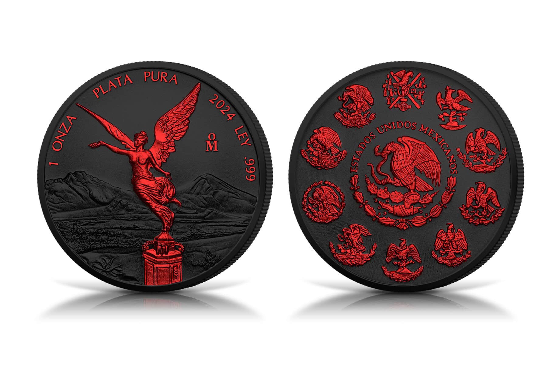 2024 Mexico Libertad Black Platinum Fire 1 oz Silver Colorized Coin, front and back view, minted by Mexico, featuri.
