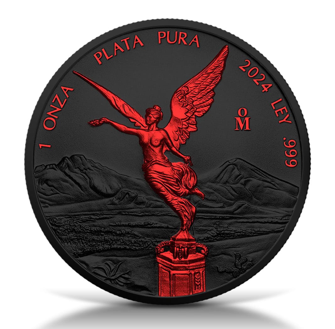 Shaded angle of the 2024 Mexico Libertad Black Platinum Fire 1 oz Silver Colorized Coin from the front, minted in M.