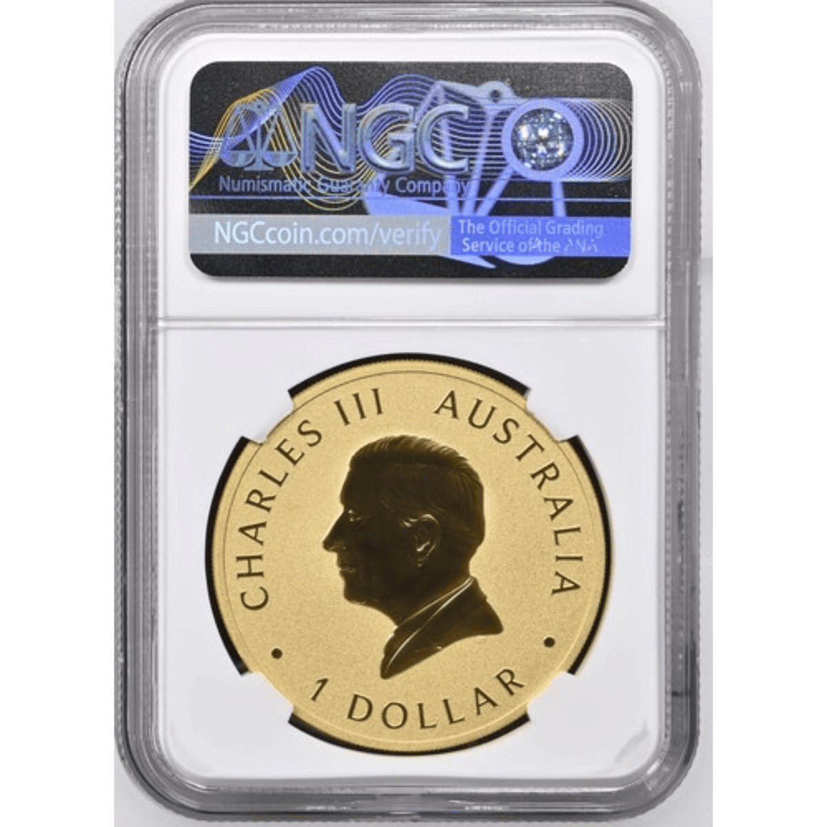 A1: Gold-colored 2025 Australian Kookaburra coin, 1 oz silver, viewed from the front, minted by Australia, featurin.