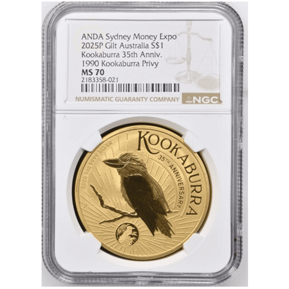 Kookaburra 1 oz Silver Coin, 2025, Sydney Mint, front angle, MS 70, exclusive Australian collectible with iconic bi.