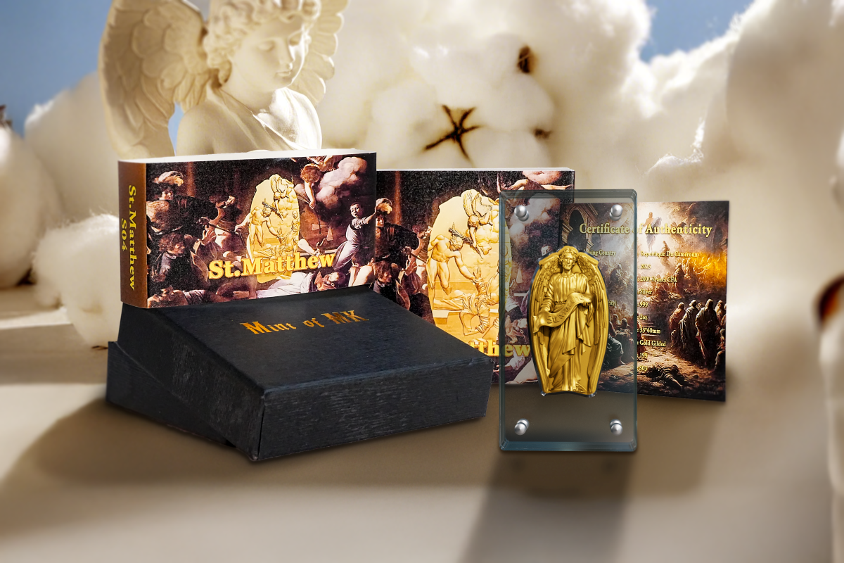 2025 Cameroon 12 Apostles St. Matthew 2 oz Silver Gilded Shaped Coin - Image 4