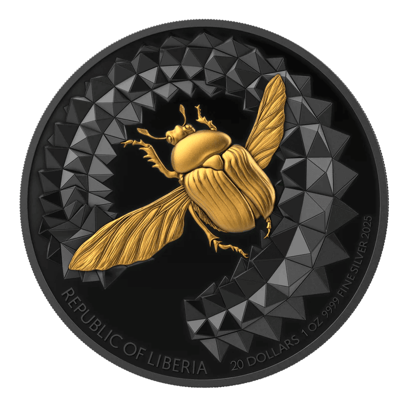 A stunning 2025 Liberia Entoma Scarab 1 oz Silver Gilded high relief proof coin, captured from a close-up angle sho.