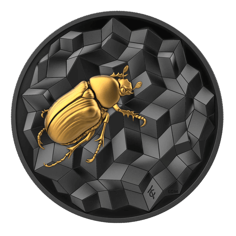 2025 Liberia Entoma Scarab 1 oz Silver Gilded High Relief Proof Coin, front view, 2026, mint, 1 oz weight, detailed.