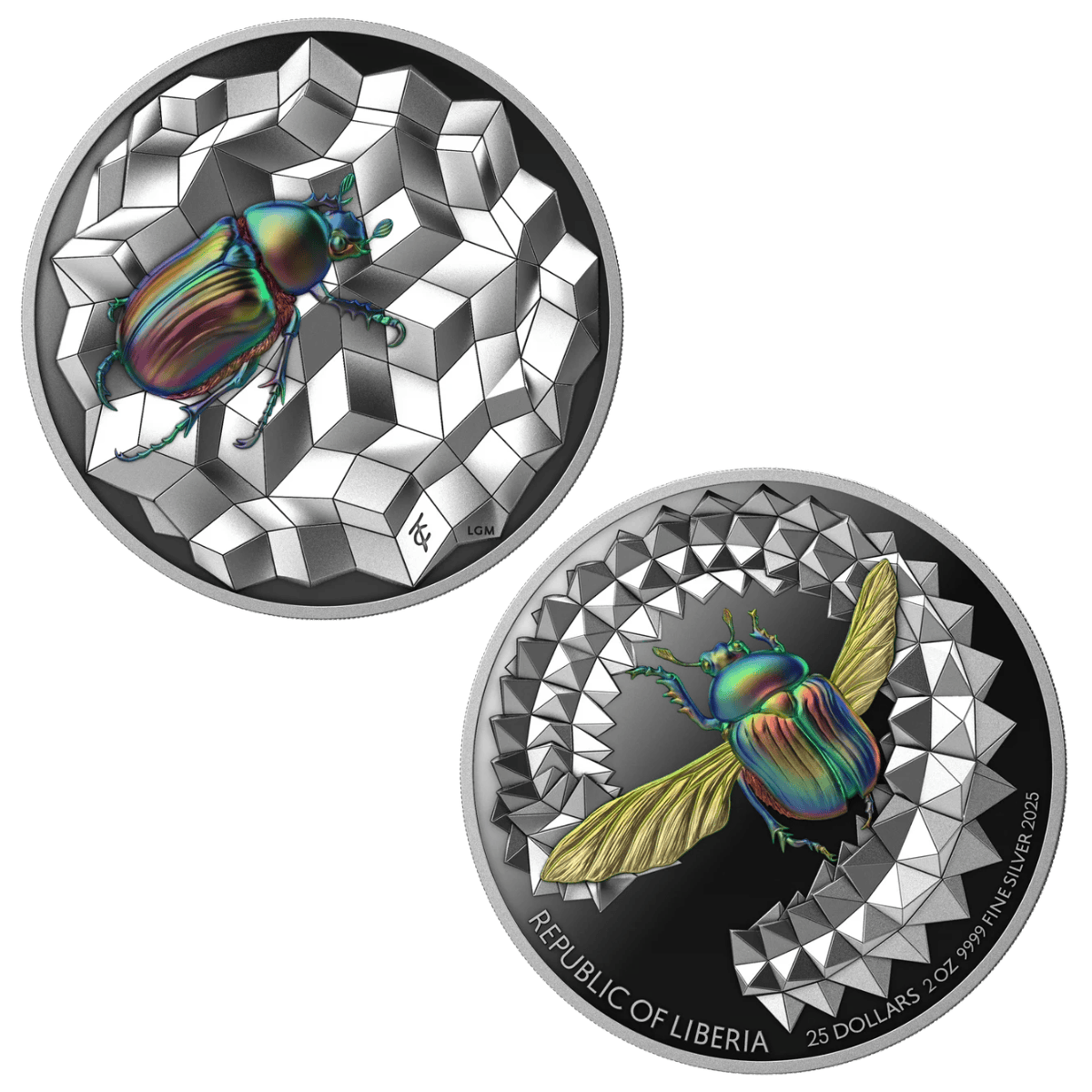 Shiny silver-colored 2025 Liberia Entoma Scarab coin, high relief proof, minted in Liberia, 2 oz weight, featuring.