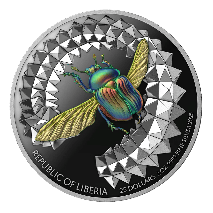 Liberia 2025 Entoma Scarab 2 oz silver colorized high relief proof coin, minted by GR Reserve, showcasing vibrant i.