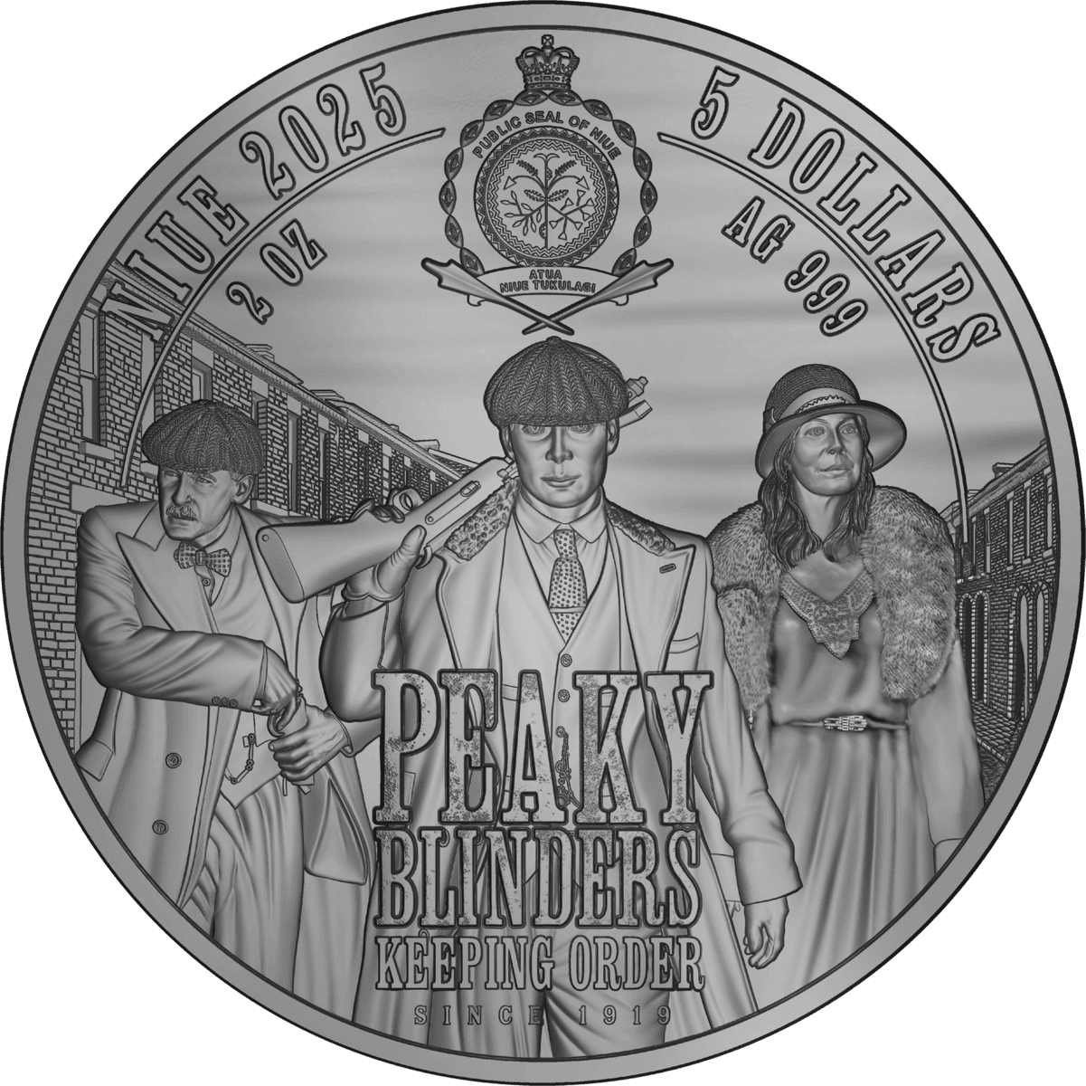 A silver high relief proof coin from 2025, featuring Peaky Blinders Polly Gray, minted in Niue, weighing 2 oz, with.