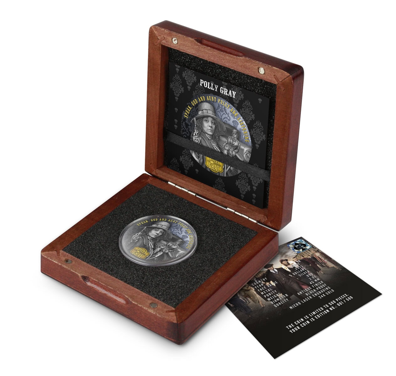 Polly Gray 2025 Niue Peaky Blinders 2 oz Silver High Relief Black Proof Coin, minted by GR Reserve, angled view, 20.