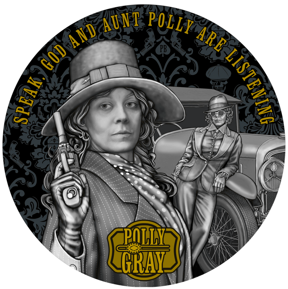 Intricate 2025 Niue Peaky Blinders Polly Gray 2 oz Silver High Relief Black Proof Coin, minted by GR Reserve, featu.