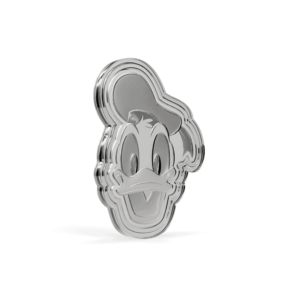 Shiny silver coin featuring Donald Duck's iconic face, angled view, 2026 Niue Disney mint, 0.5 oz weight, celebrati.