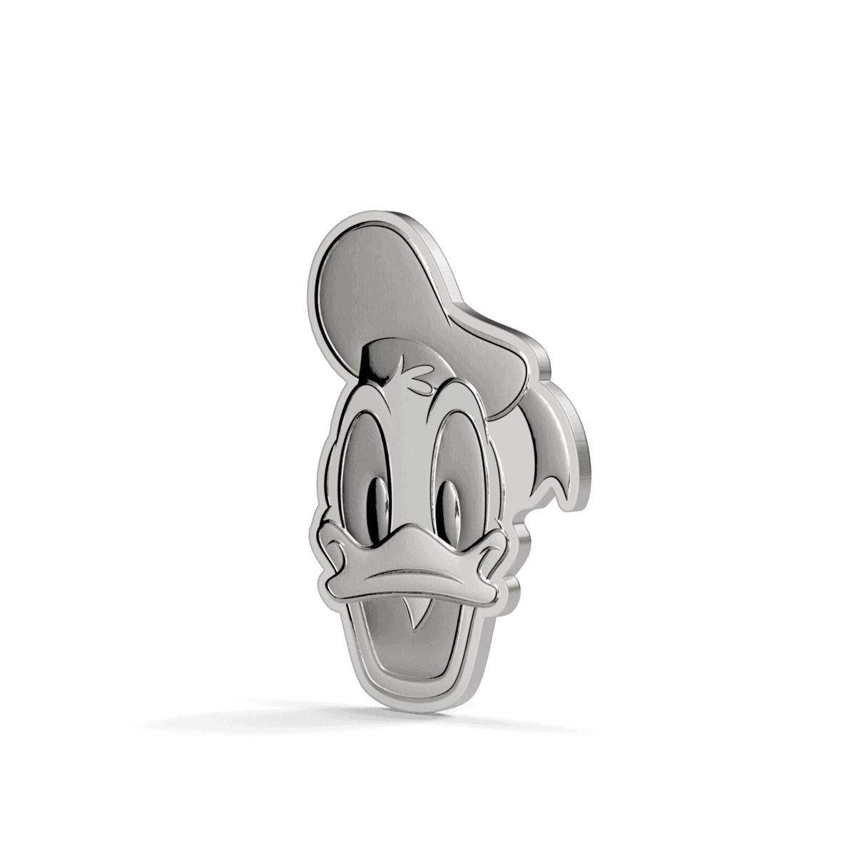 Shiny silver Donald Duck coin, 2026 Niue Disney Mickey and Friends, 0.5 oz, minted by GR, angled view showcasing ic.