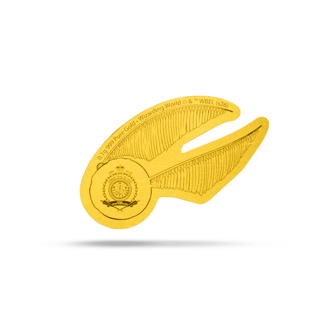 Shaped gold coin featuring a golden snitch from Harry Potter, minted in 2026 by GR Reserve, weighing 1g, with detai.