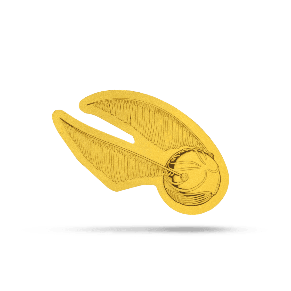A stunning 1g gold coin featuring the Golden Snitch from Harry Potter, minted in 2026 by Niue, shown from a side an.