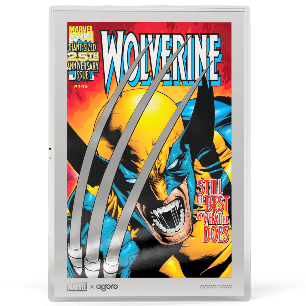 Front view of 2026 Agoro Niue Marvel Wolverine 145 comic silver foil, 1 oz, minted by Niue, featuring Wolverine's f.