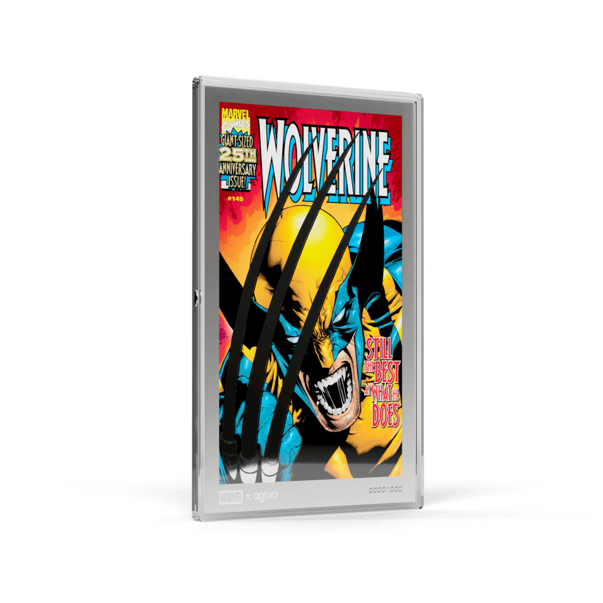 Agoro Niue 2026 Wolverine comic cover, 1 oz silver foil, left angle, 2026, mint by Agoro, featuring Marvel's Wolver.