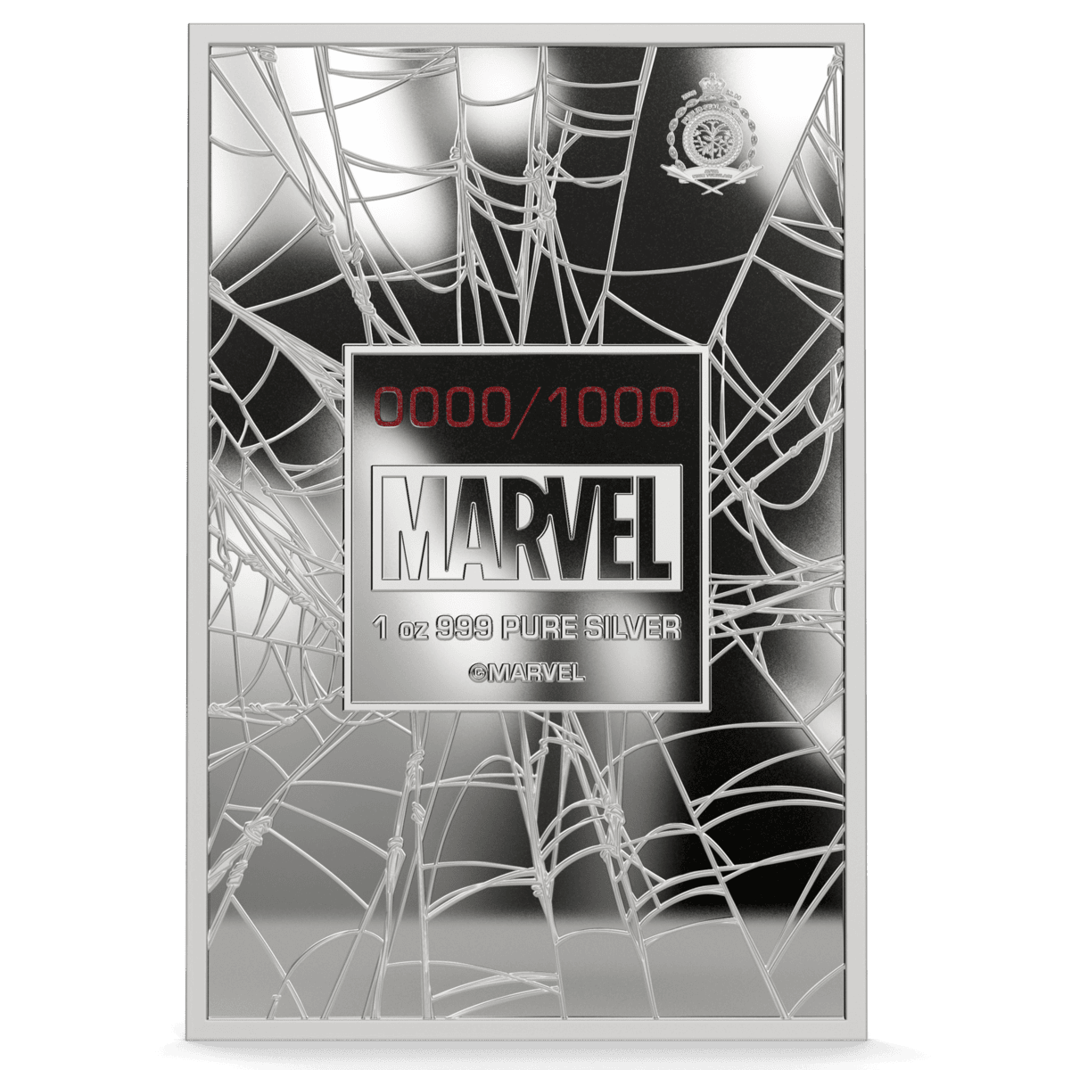 Themed Marvel Spider-Man 2026 Niue silver coin, 1 oz, minted by Niue, featuring intricate web design, limited editi.