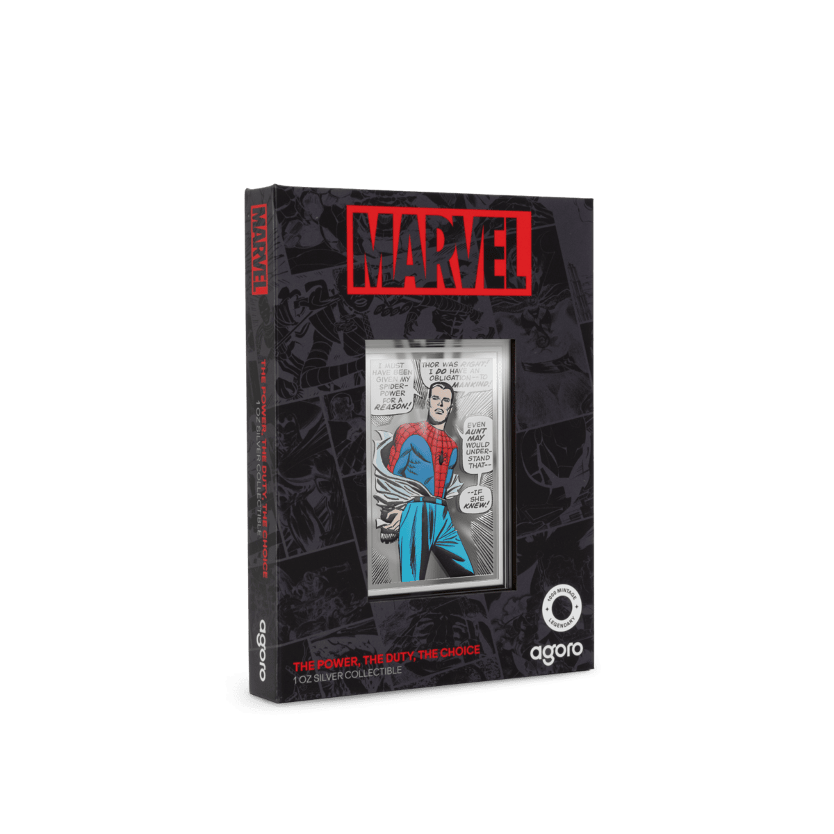 Crucial side view of 2026 Agoro Niue Marvel Spider Man 1 oz Silver Coin, minted in 2026, featuring iconic superhero.