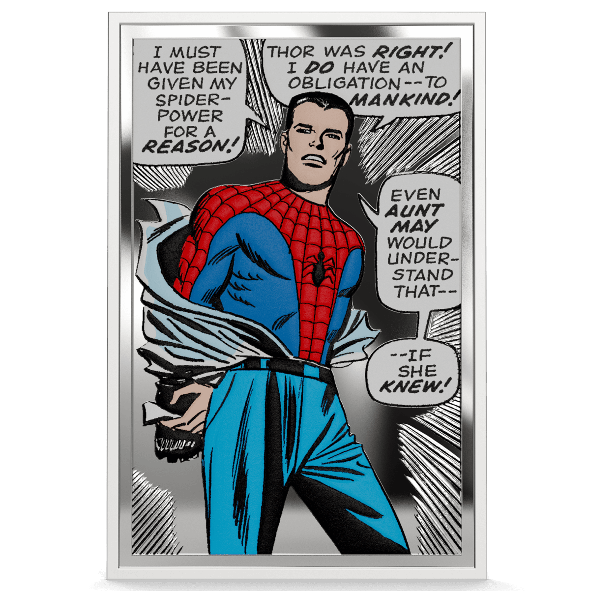 Bright angle of 2026 Niue Marvel Spider Man silver coin, minted in 2026, 1 oz weight, featuring iconic superhero th.