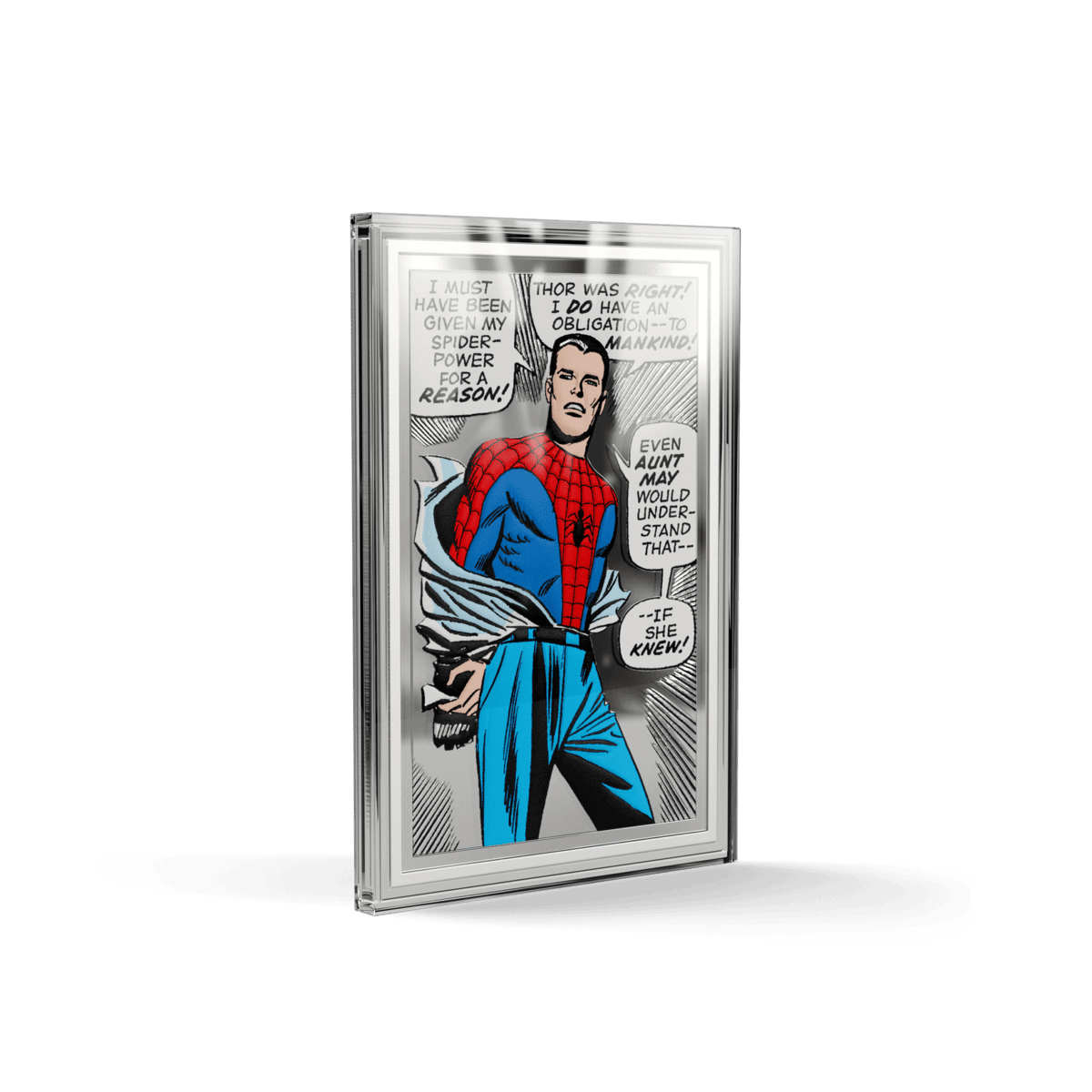 Crucial angle, 2026, Niue mint, 1 oz silver coin featuring Spider-Man with comic art, themed collectible from Marve.