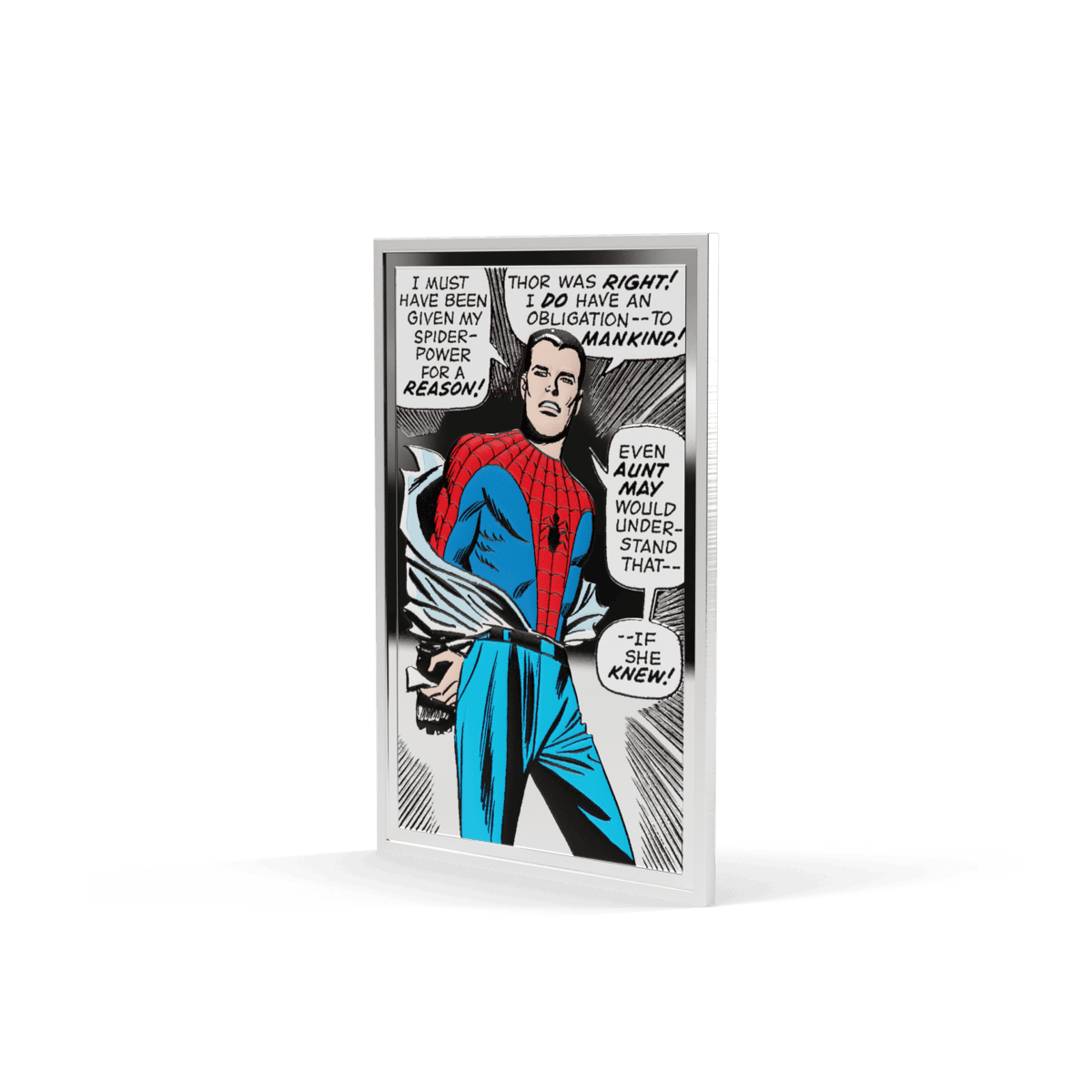 Bright angle, 2026 Niue Marvel Spider-Man silver coin, 1 oz, minted by GR, featuring iconic comic art of Spider-Man.