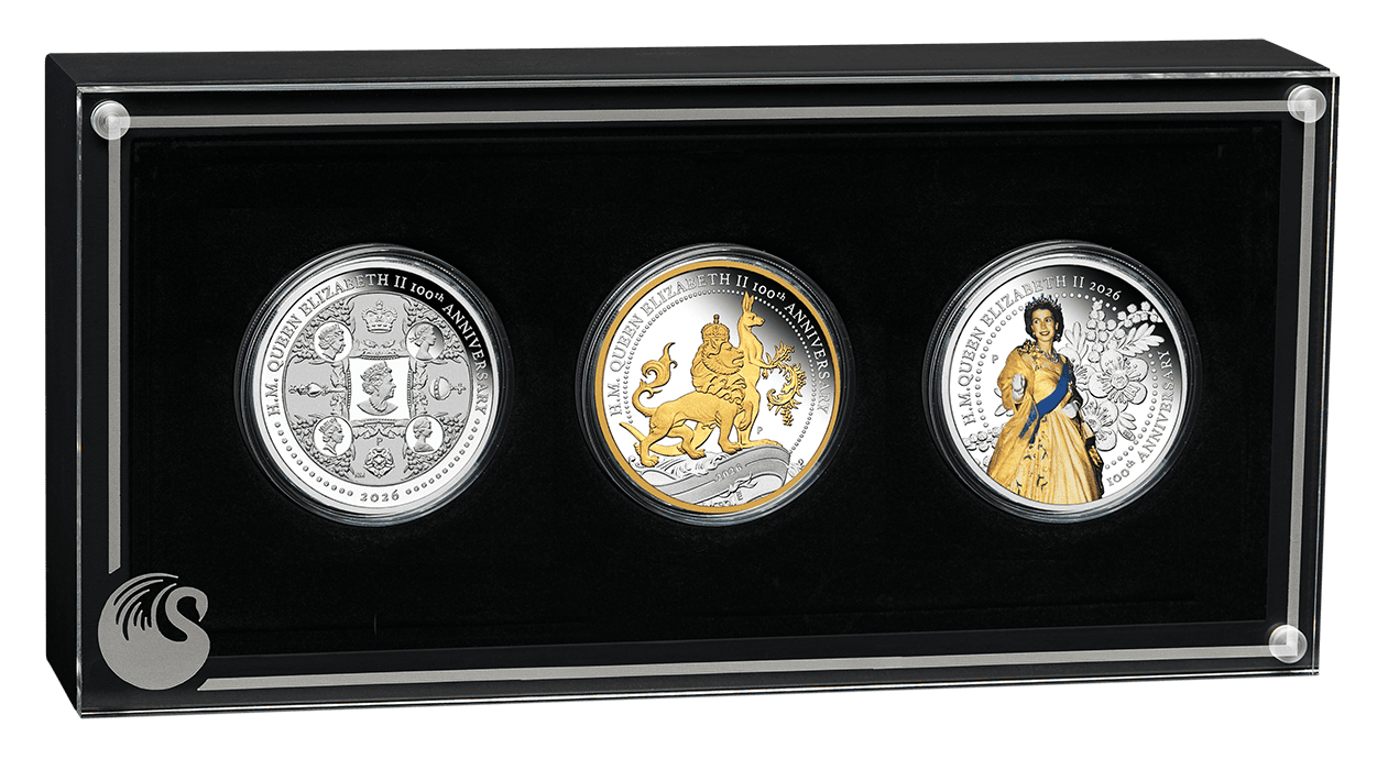 Shiny silver coins, 2026 Australia Queen Elizabeth II 100th Anniversary 1 oz set, minted by Perth Mint, featuring r.