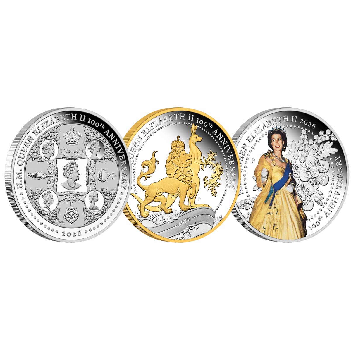 Queen Elizabeth II 2026 Australia 1 oz Silver Coin Set, side angle, minted in 2026, featuring her 100th anniversary.