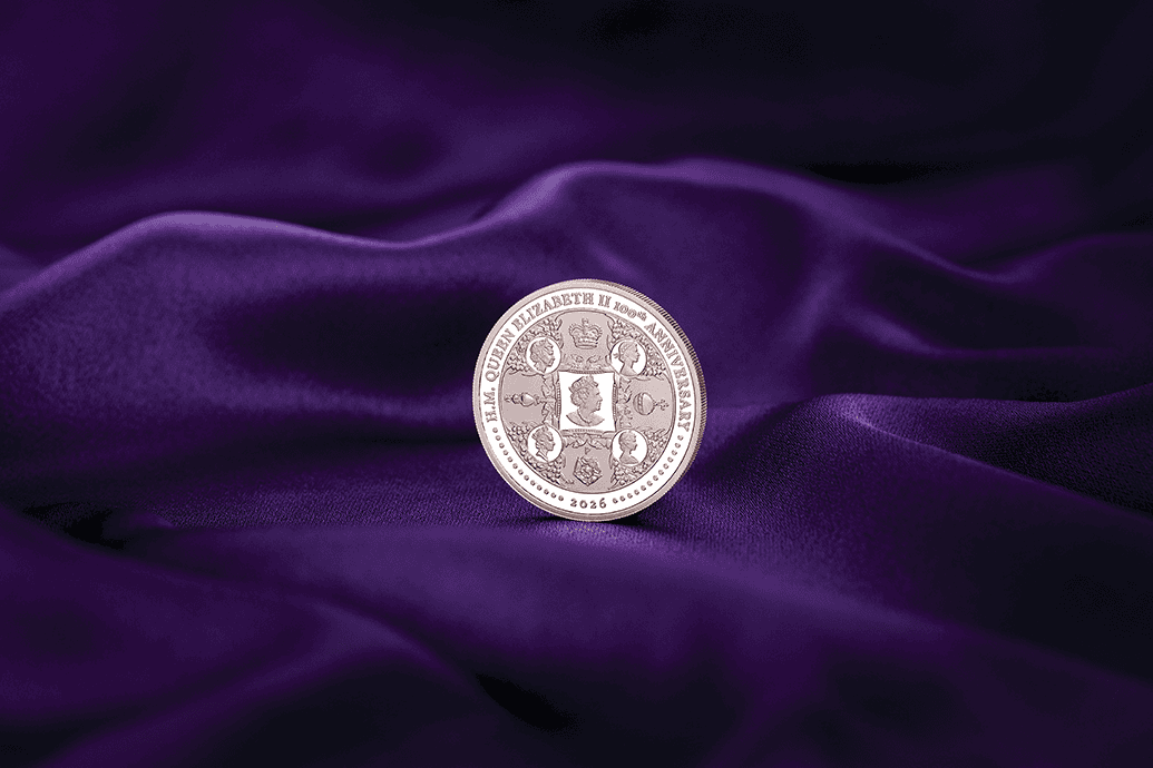Shiny silver coin, angled view, 2026, Perth Mint, 1 oz, commemorates Queen Elizabeth II's 100th Anniversary with re.
