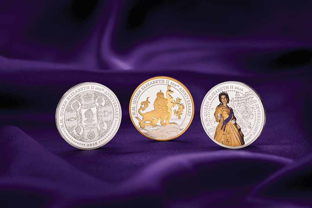 Shiny silver coins displayed from a side angle, 2026 Australia Queen Elizabeth II 100th Anniversary, minted by Pert.