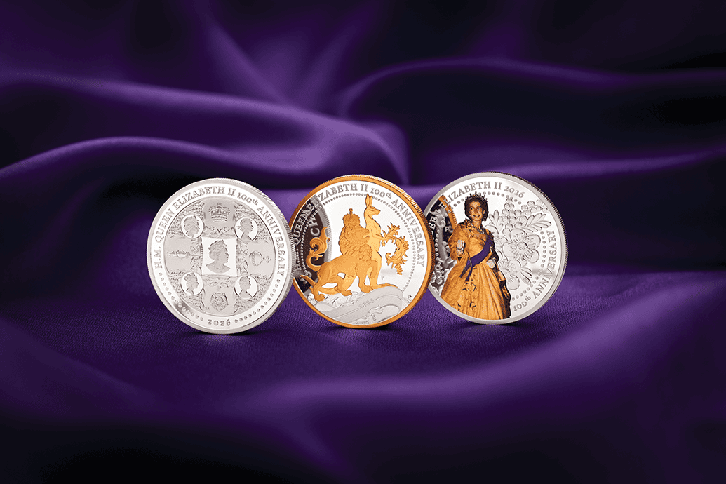 Angle view of 2026 Australia Queen Elizabeth II 100th Anniversary 1 oz Silver Three Coin Set minted by Perth Mint,.
