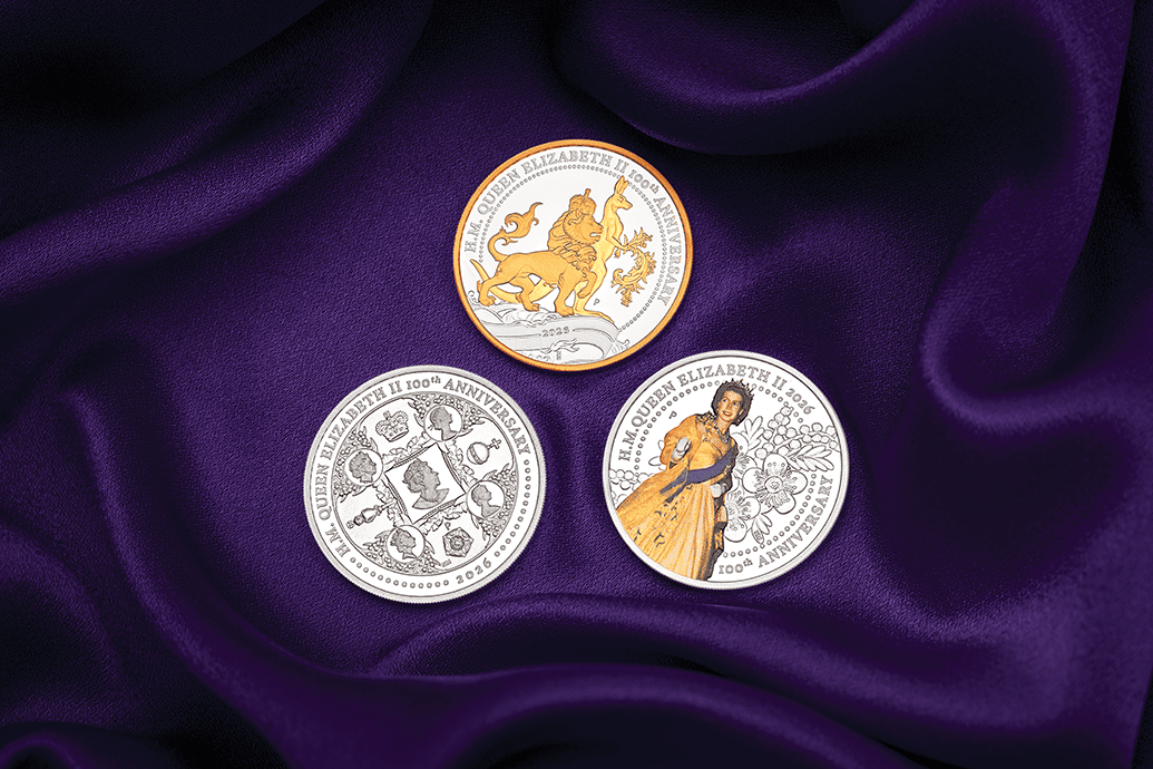 The Queen Elizabeth II 100th Anniversary 2026 Australia silver coin set, featuring a side view of the coins on purp.