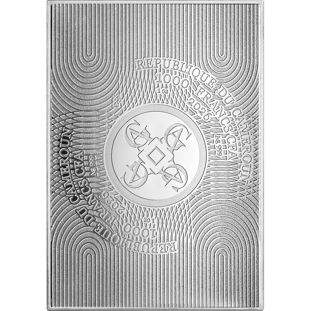 Cameroonian art-themed 2026 silver coin, 1 oz, minted by GR, angled view showcasing intricate design and artistic d.