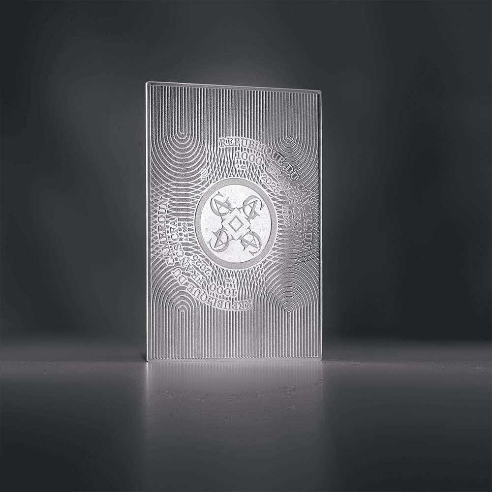 Shiny silver coin featuring Gustav Klimt's The Kiss, 2026 Cameroon Art Gallery, 1 oz weight, minted by GR Reserve,.