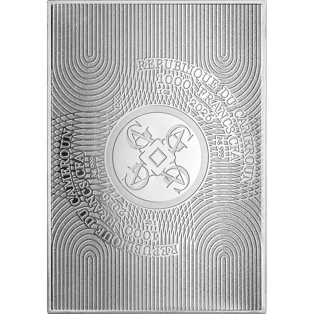 The Kiss Gustav Klimt 1 oz Silver Digital Printed Coin GR Reserve Back, angled view, 2026, France Mint, 1 oz weight.