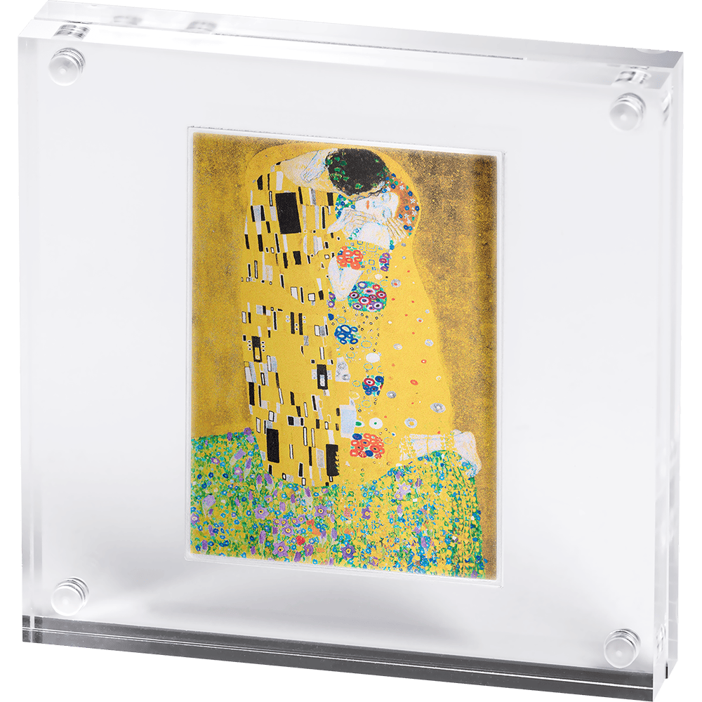 The Kiss Gustav Klimt 1 oz Silver Digital Printed Coin GR Reserve Display.