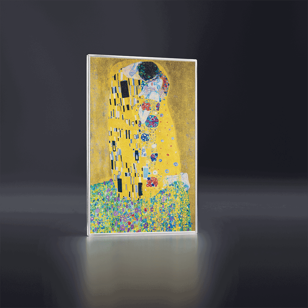 Front view of 2026 Cameroon Art Gallery The Kiss Gustav Klimt 1 oz Silver Digital Printed Coin, minted in 2026, sho.