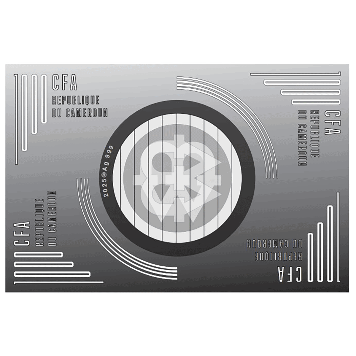 A stunning 2026 Cameroon Atlas Maior 1 oz Silver coin, digitally printed, viewed from an angle with two magnifying.