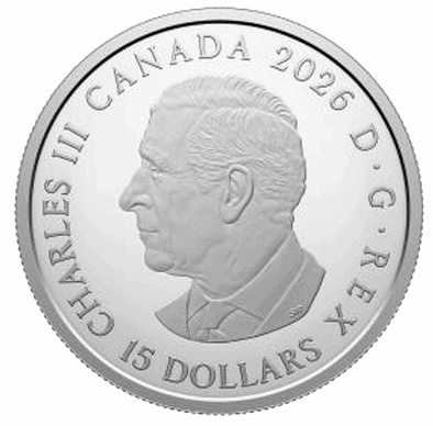 Shiny silver coin, 2026 Canada Crown Jewels, minted by the Royal Canadian Mint, 1 oz weight, featuring Queen Elizab.