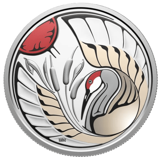 Shiny silver proof coin featuring a sandhill crane, 2026 Canada Clan Animals series, 23.17g, minted by the Royal Ca.