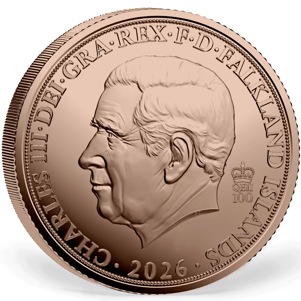 A detailed, close-up view of the 2026 Falkland Islands St. George and The Dragon Sovereign 1g Gold Proof Coin, mint.