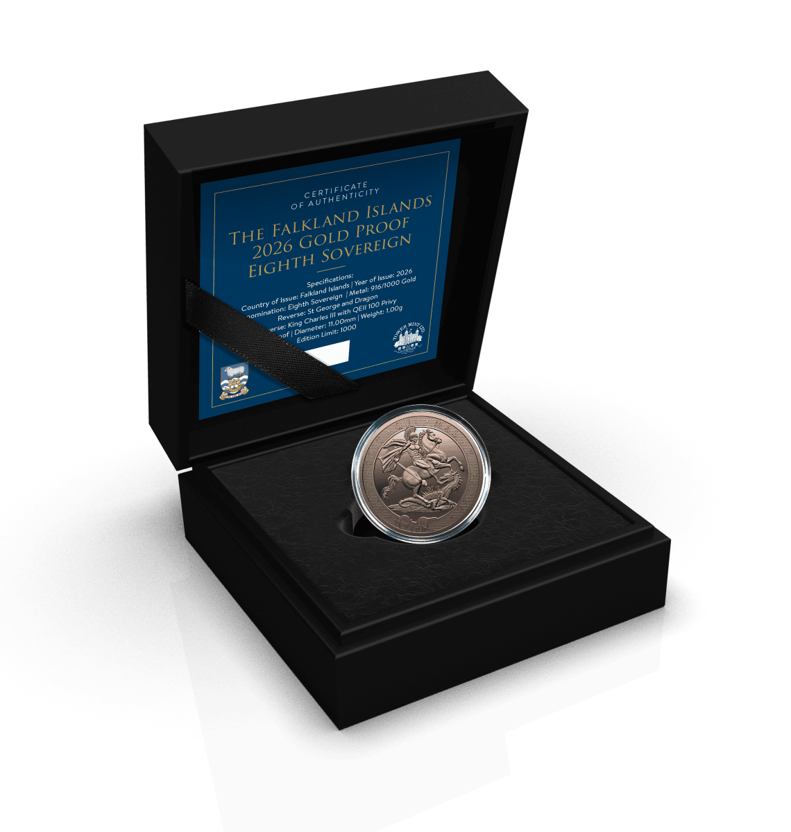 Shiny gold proof coin from 2026 Falkland Islands, featuring St. George and the Dragon, minted by GR, weighing 1g, d.