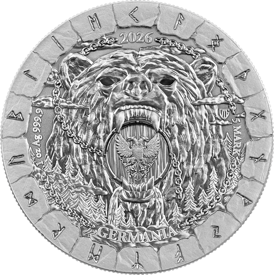 2026 Germania Bodvar Saga 1 oz silver coin, front angle, minted by Germania, featuring a fierce bear with chains, d.
