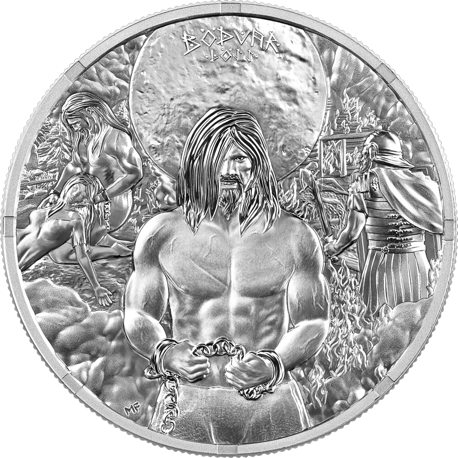 Germania Bodvar Saga Loss 1 oz silver coin, 2026, mint, front angle, detailed Viking scene, collectible bullion.