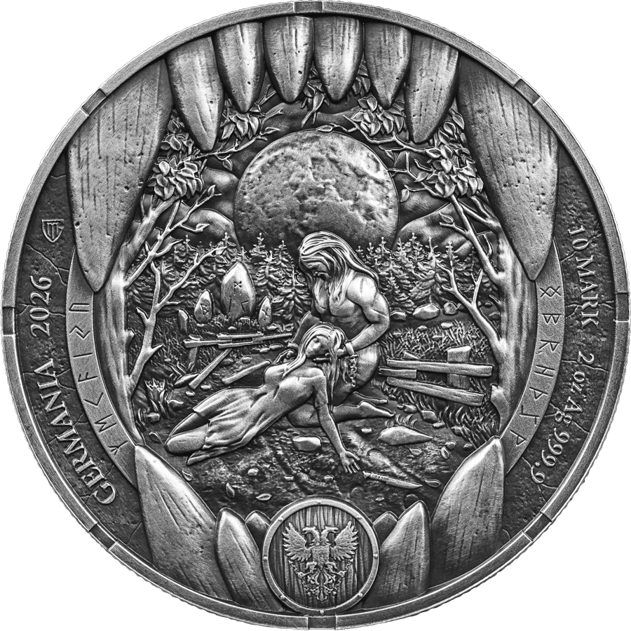 Germania Bodvar Saga 2026, 2 oz silver coin, ultra high relief, antiqued finish, front view, minted in Germany, fea.