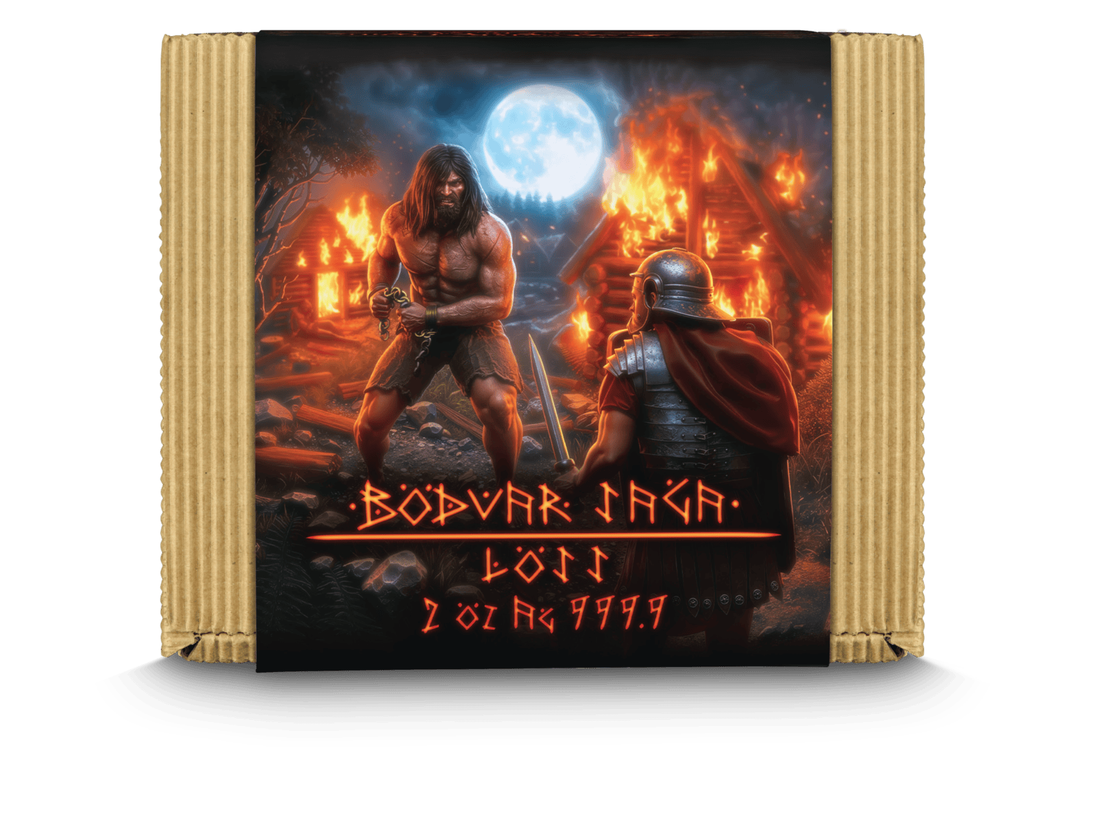 Vivid angle of the 2026 Germania Bodvar Saga Loss 2 oz Silver Antiqued Ultra High Relief Coin, minted in 2026, show.
