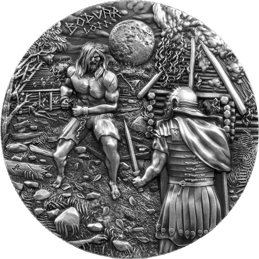 Intricate 2026 Germania Bodvar Saga Loss 2 oz Silver coin, ultra high relief, antiqued finish, minted by GR, showca.