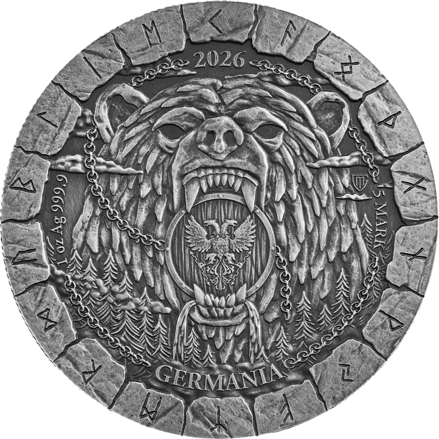 Crucial angle 2026 Germania Bodvar Saga silver coin, 1 oz, minted by GR Reserve, colorized BU, featuring Viking the.
