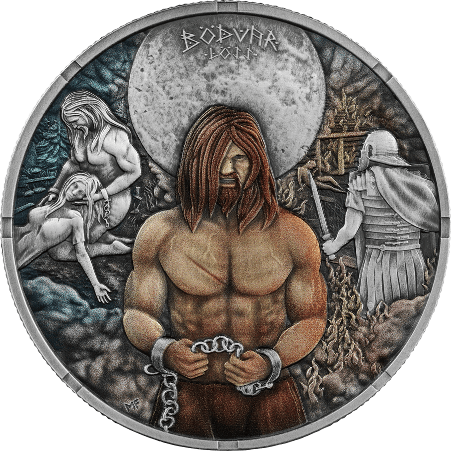 Vengeful Bodvar Saga 2026 Germania silver coin, 1 oz, colorized, BU, minted by GR, front angle.