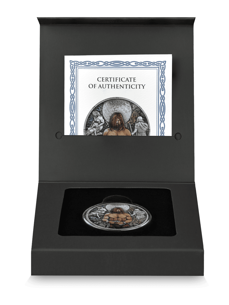 Silver coin, 2026 Germania Bodvar Saga, Vengeful theme, 1 oz, minted by GR Reserve, angled view showcasing intricat.