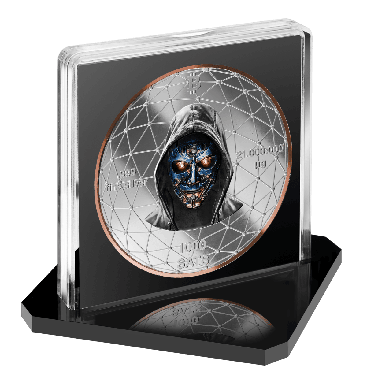 A silver coin featuring a dark, skull-like figure with glowing eyes, minted in 2026 by Germany, weighing 21 grams,.