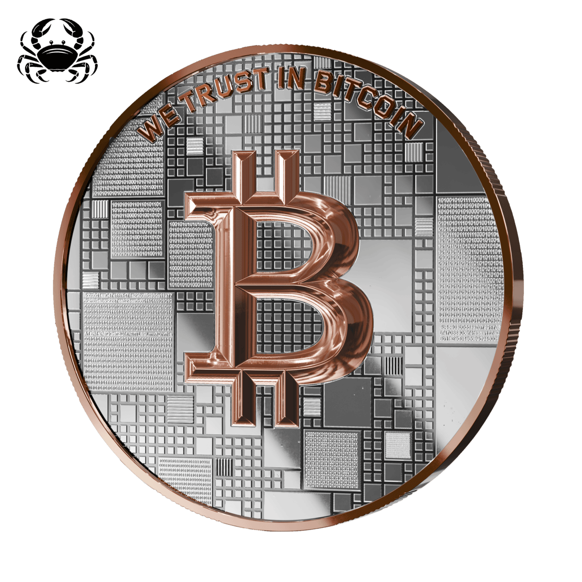 A detailed, angle view of the 2026 Germany Satoshi Project Bitcoin Crab 21 Gram Silver Gilded Colorized Coin, minte.